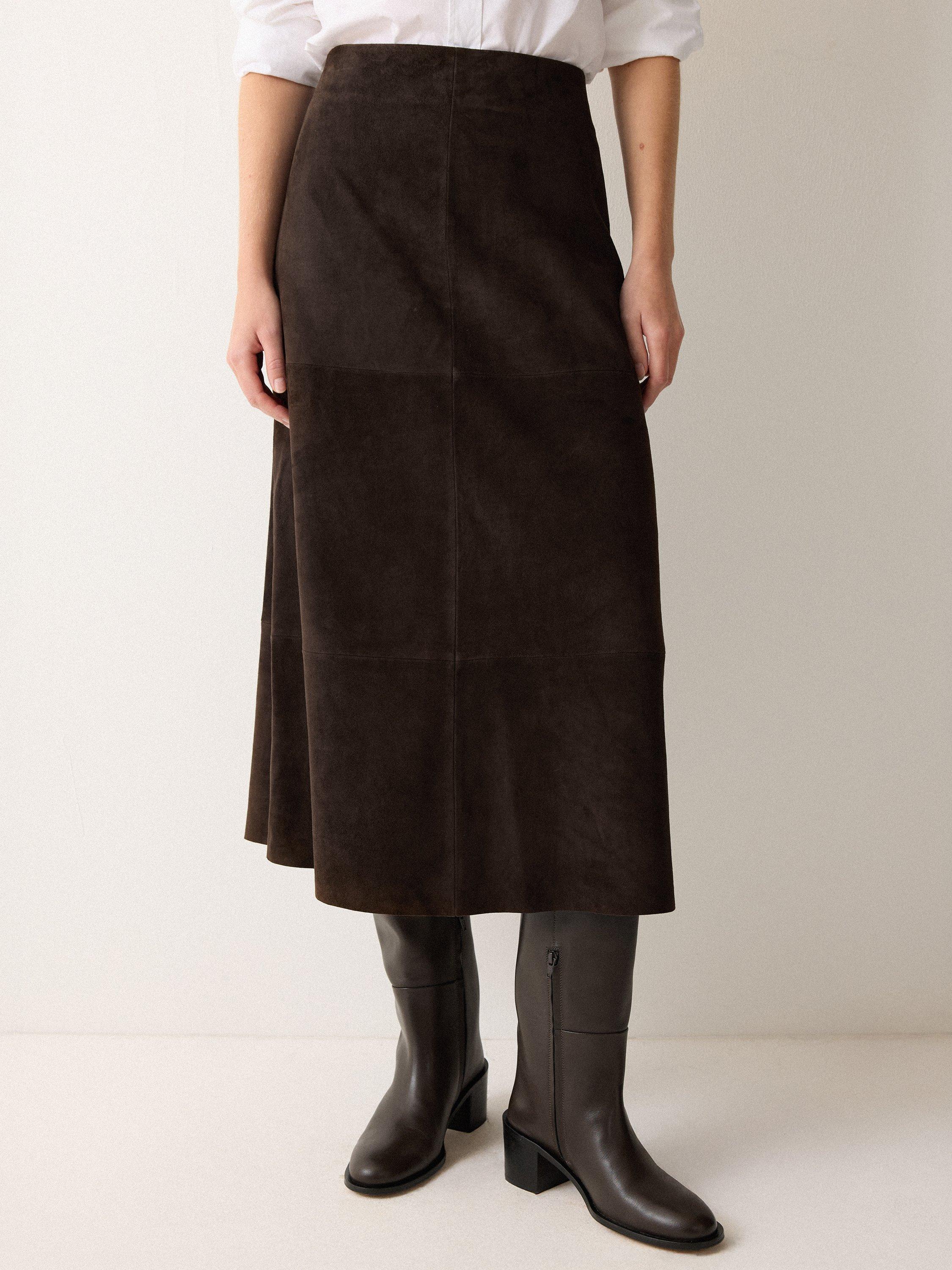 Product image 1 of 5, which shows Jigsaw Fluid Pure Suede Midi Skirt, Brown, 6