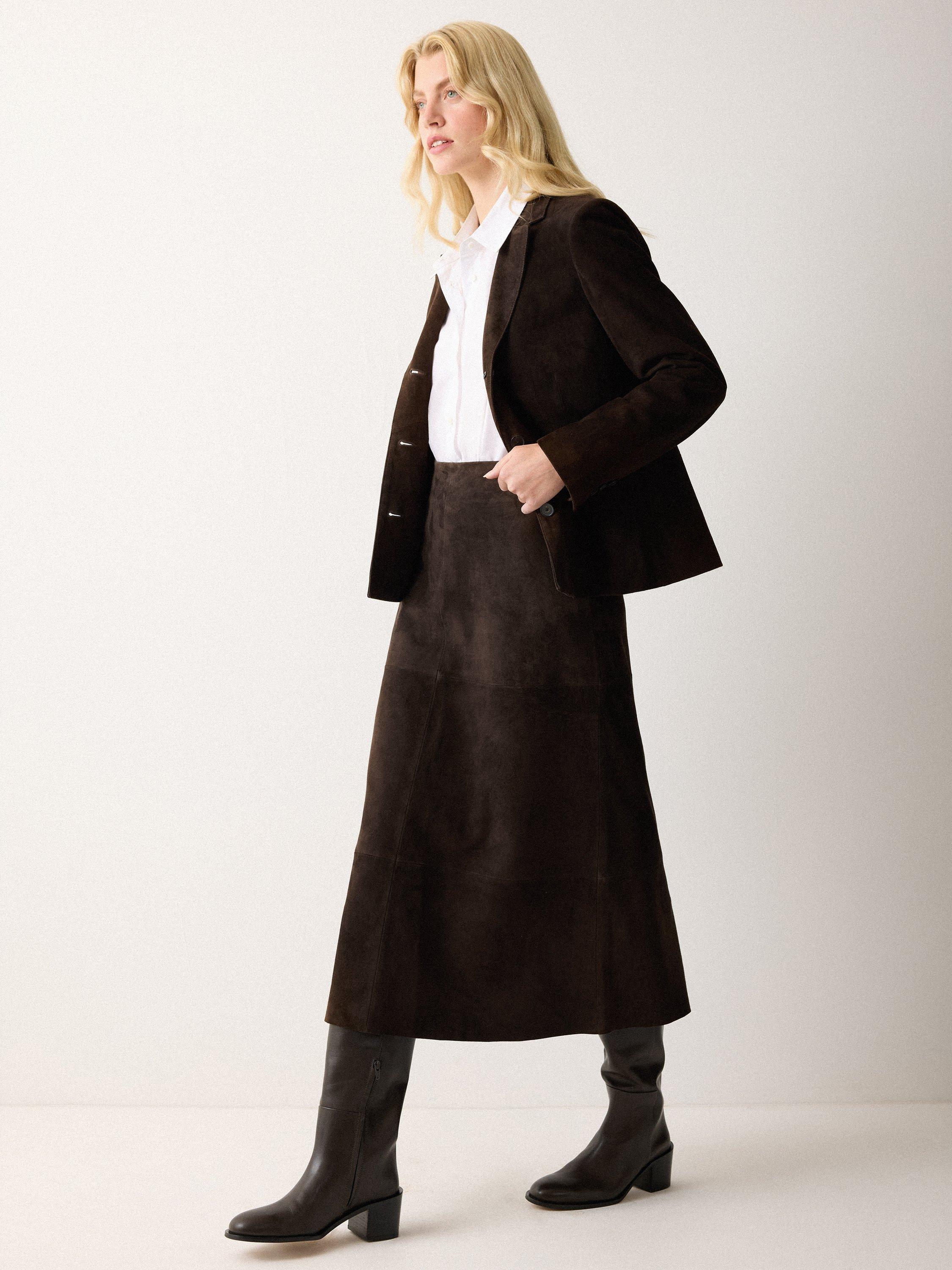 Product image 4 of 5, which shows Jigsaw Fluid Pure Suede Midi Skirt, Brown, 6