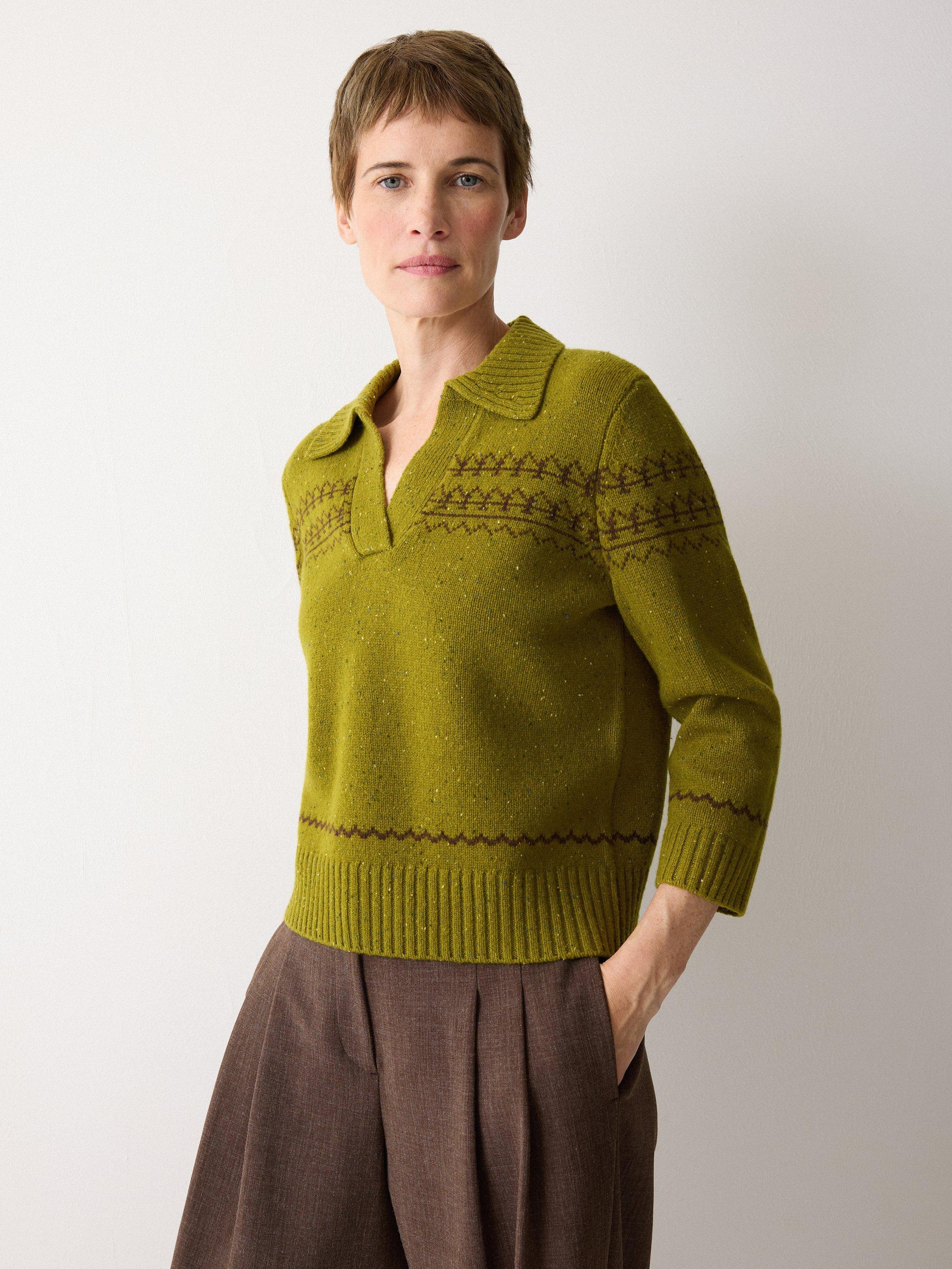 Product image 3 of 7, which shows Jigsaw Fleck Polo Collar Pure Wool Jumper, Green, S