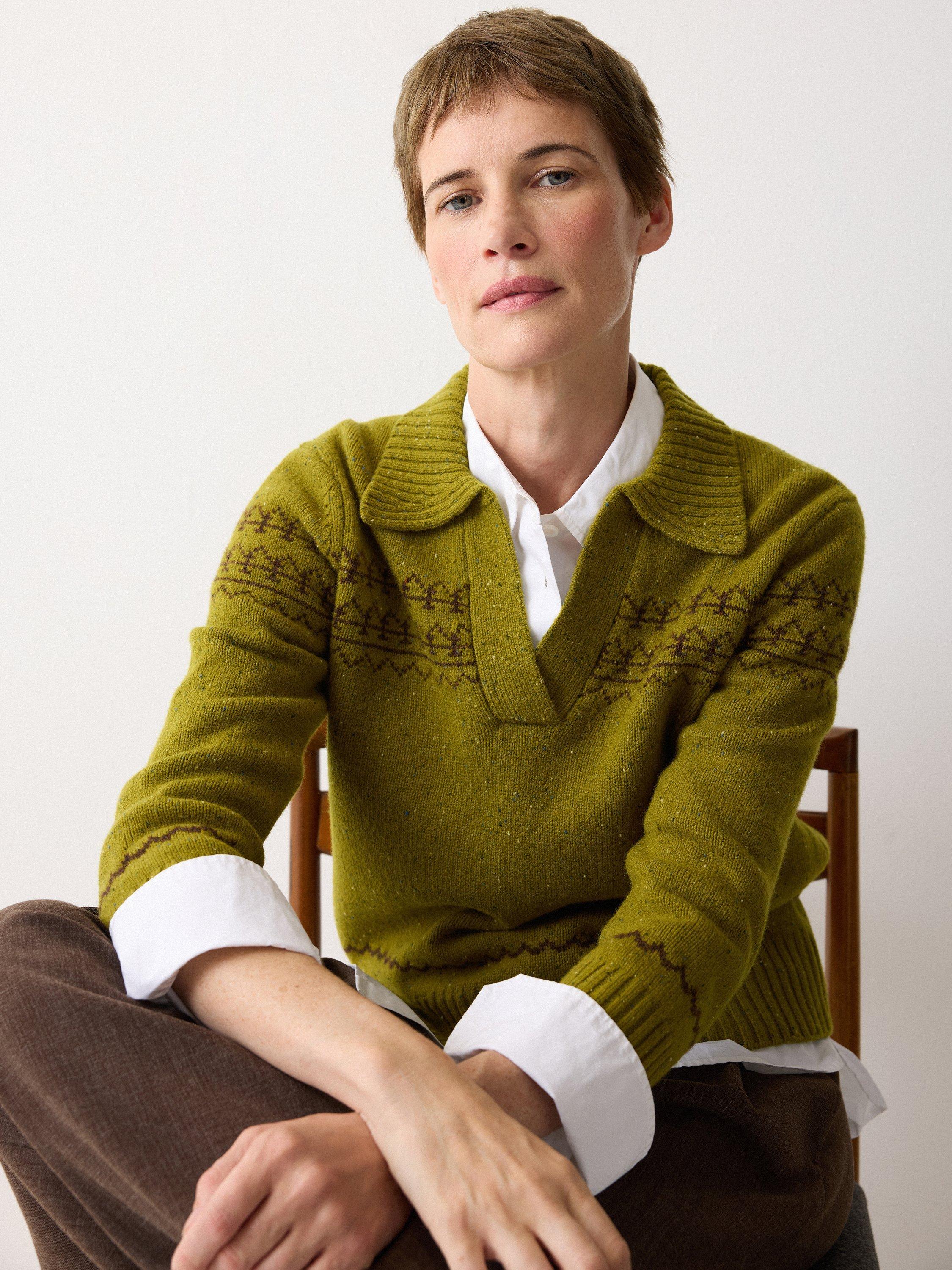 Product image 7 of 7, which shows Jigsaw Fleck Polo Collar Pure Wool Jumper, Green, S