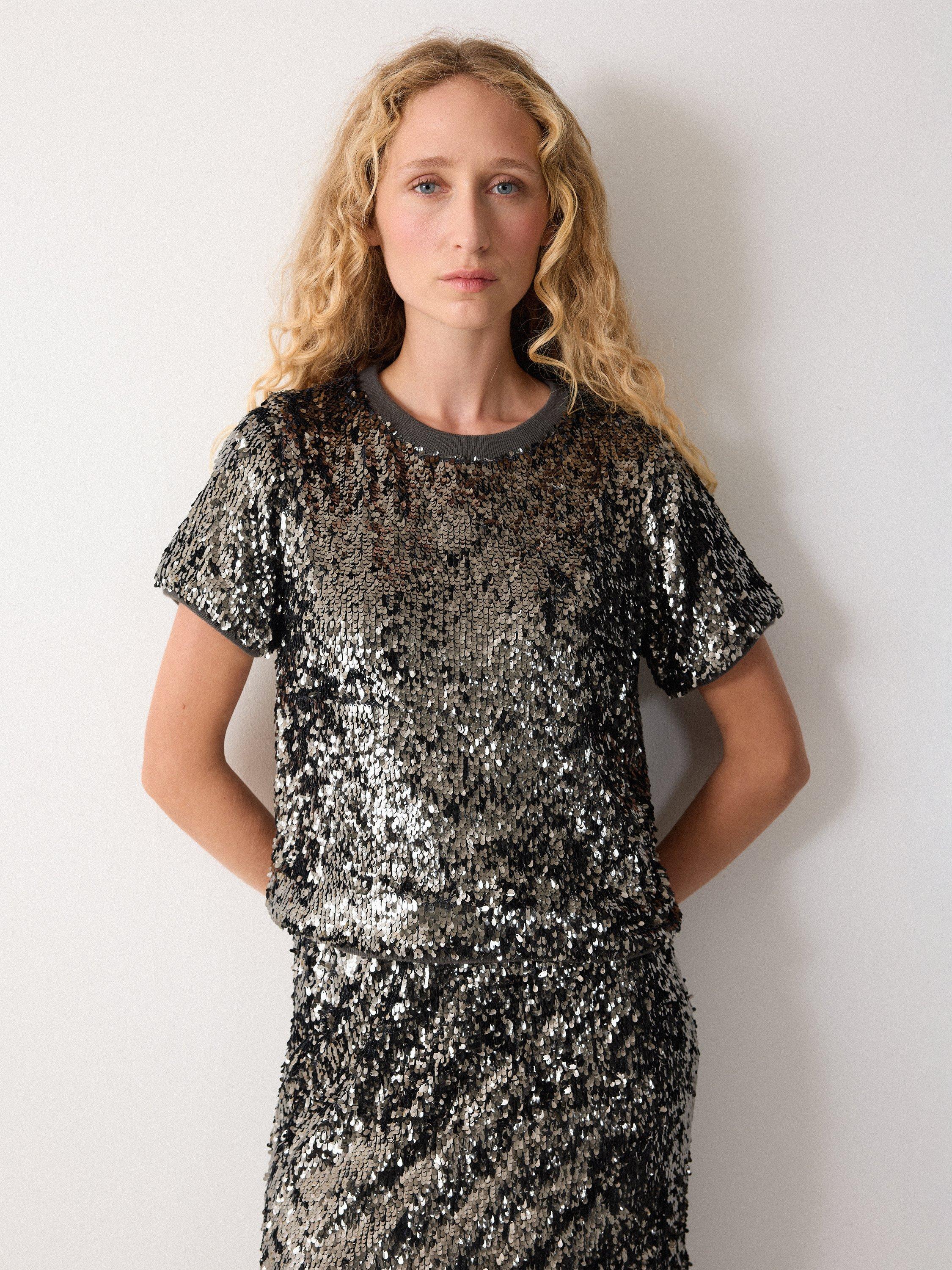 Product image 1 of 4, which shows Jigsaw Jersey Sequin Round Neck T-Shirt, Silver, XS