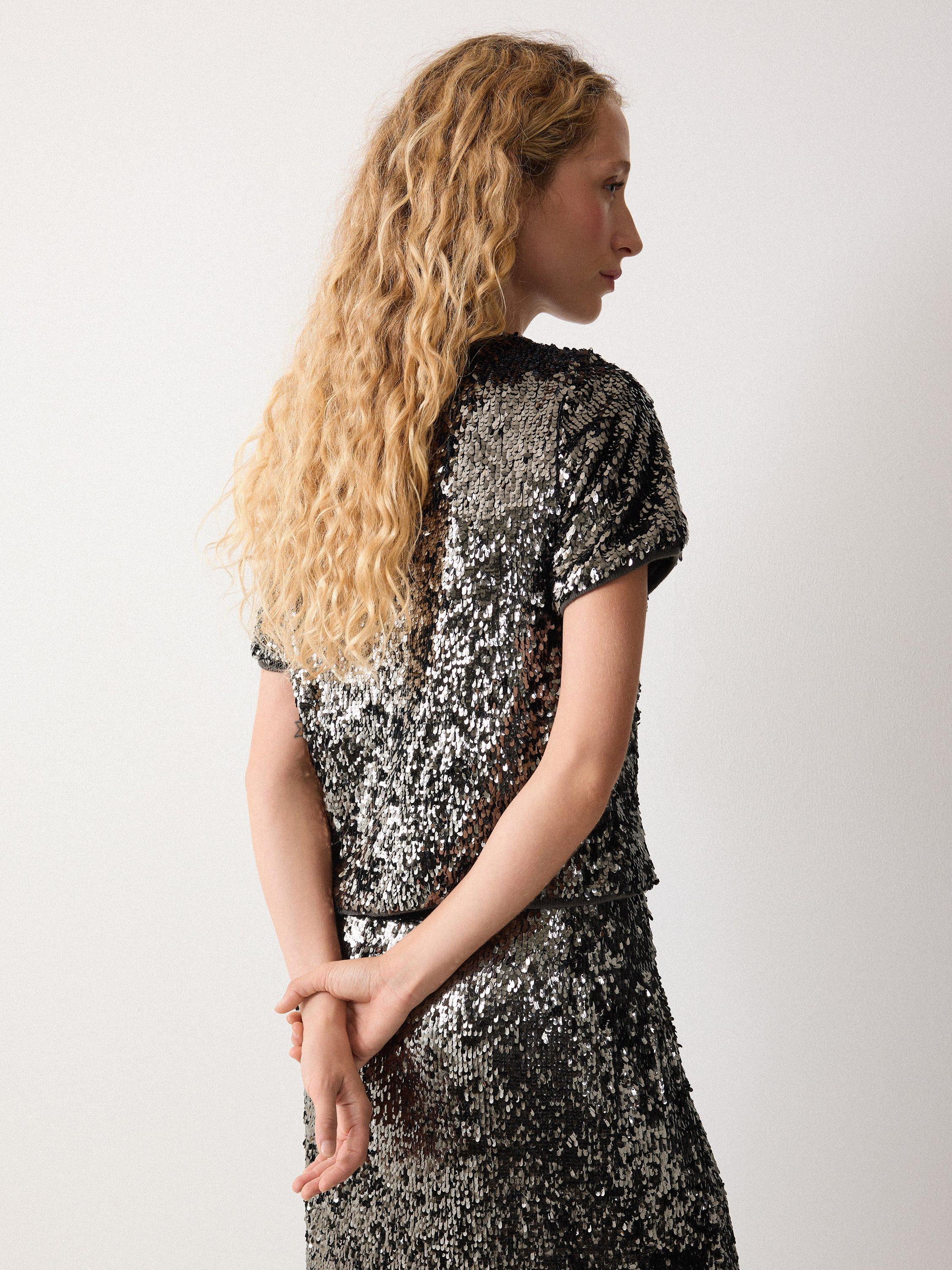 Product image 2 of 4, which shows Jigsaw Jersey Sequin Round Neck T-Shirt, Silver, XS