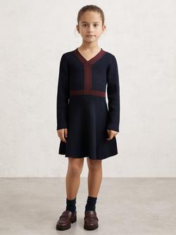 Reiss Kids' Alma V-Neck Long Sleeved Dress, Navy, Navy