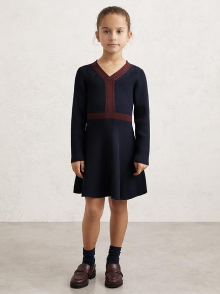 Reiss Kids' Alma V-Neck Long Sleeved Dress, Navy, Navy