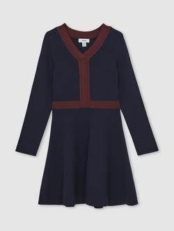 Reiss Kids' Alma V-Neck Long Sleeved Dress, Navy - view 2, Navy