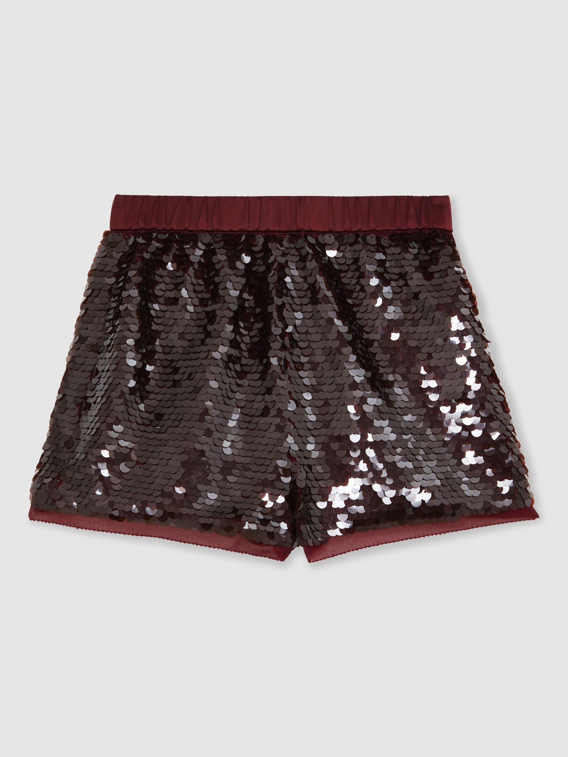 Product image 3 of 5, which shows Reiss Kids' Spence Sequin Shorts, Burgundy, 3-4 years