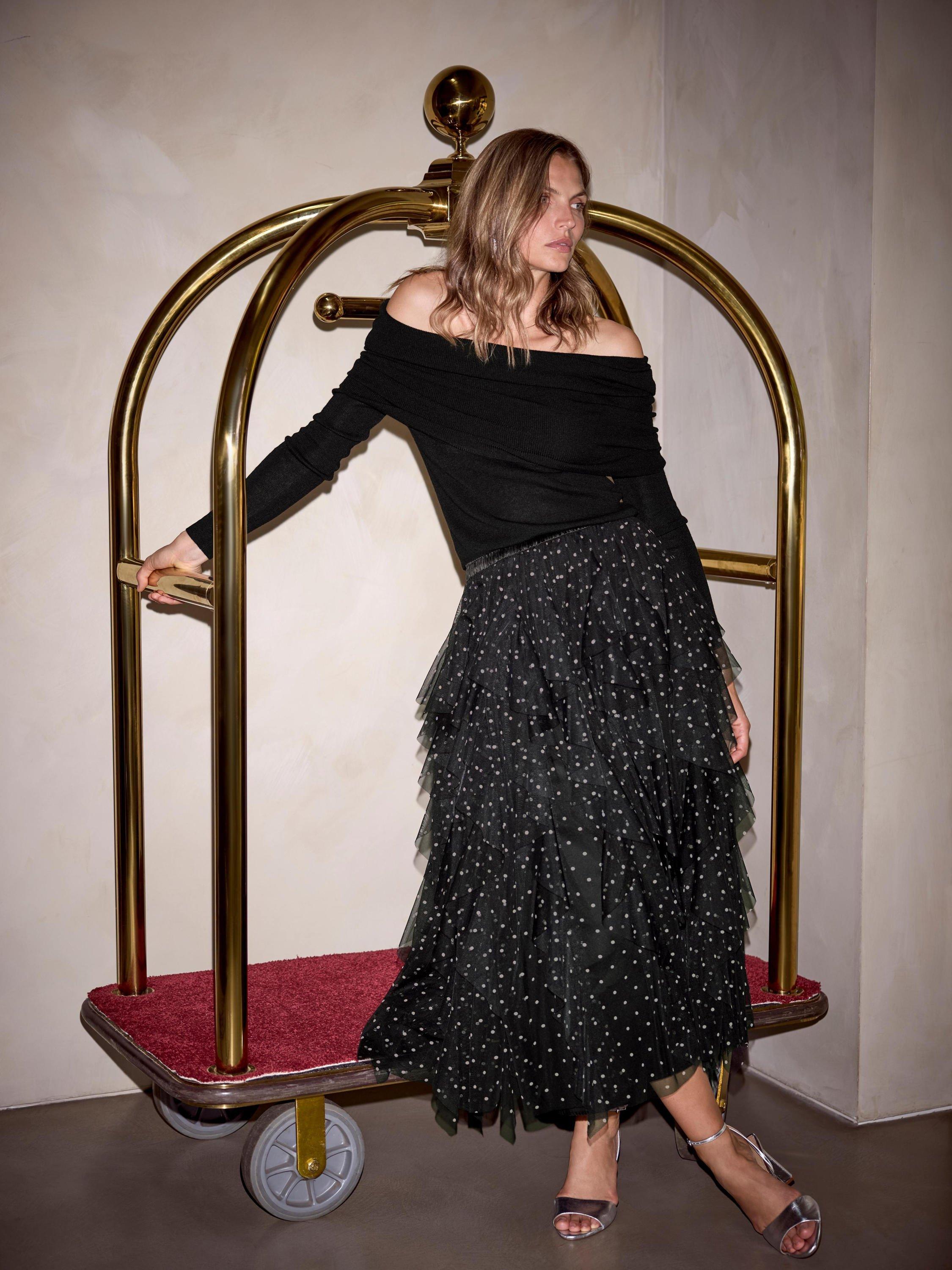 Mint Velvet Dot Tulle Midi Skirt, Black/Multi