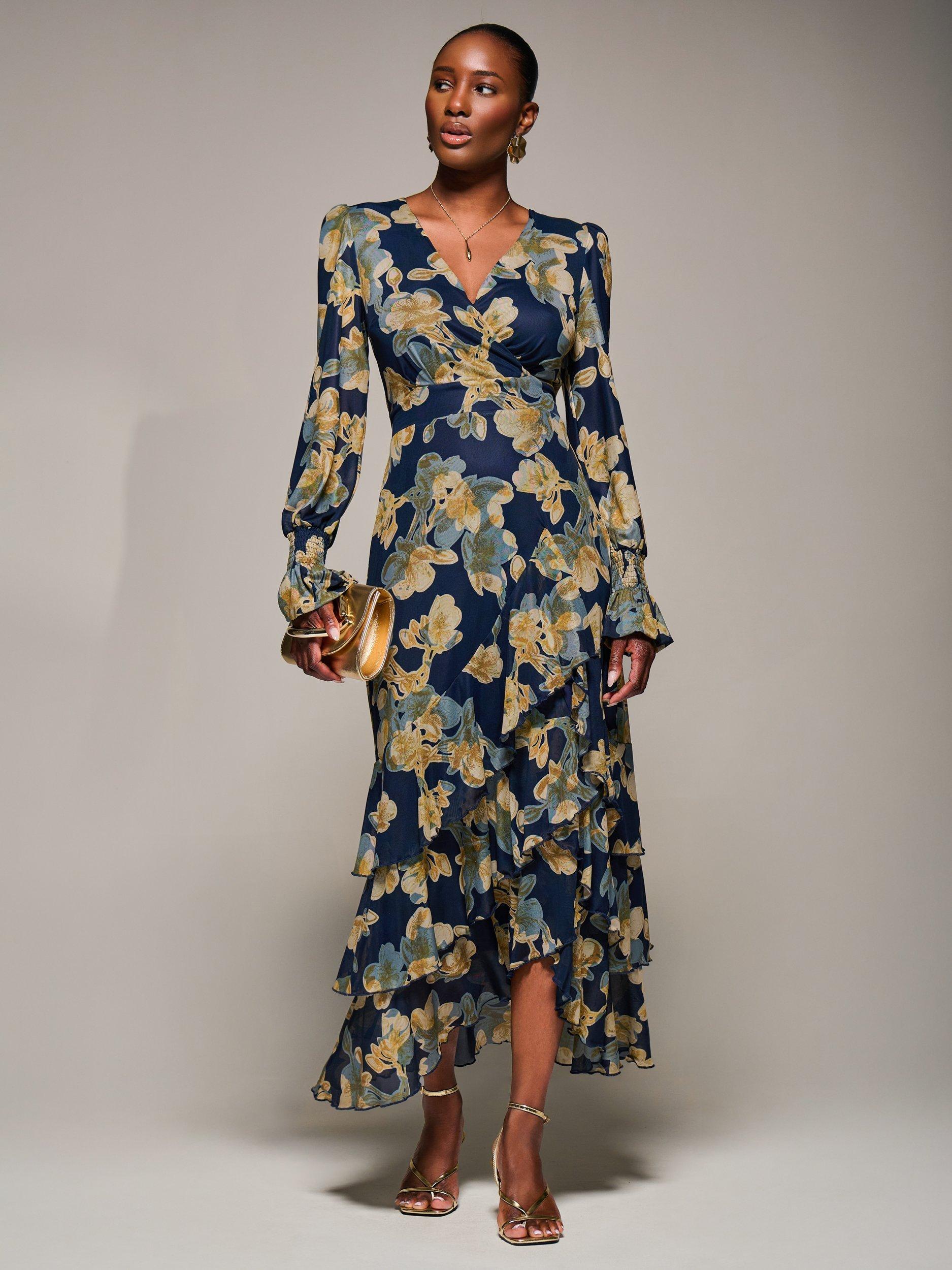 Jolie Moi Floral Long Sleeve Mesh Maxi Dress, Yellow Floral