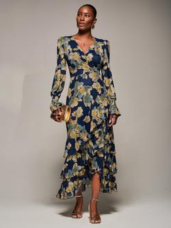 Jolie Moi Floral Long Sleeve Mesh Maxi Dress, Yellow Floral, Yellow Floral
