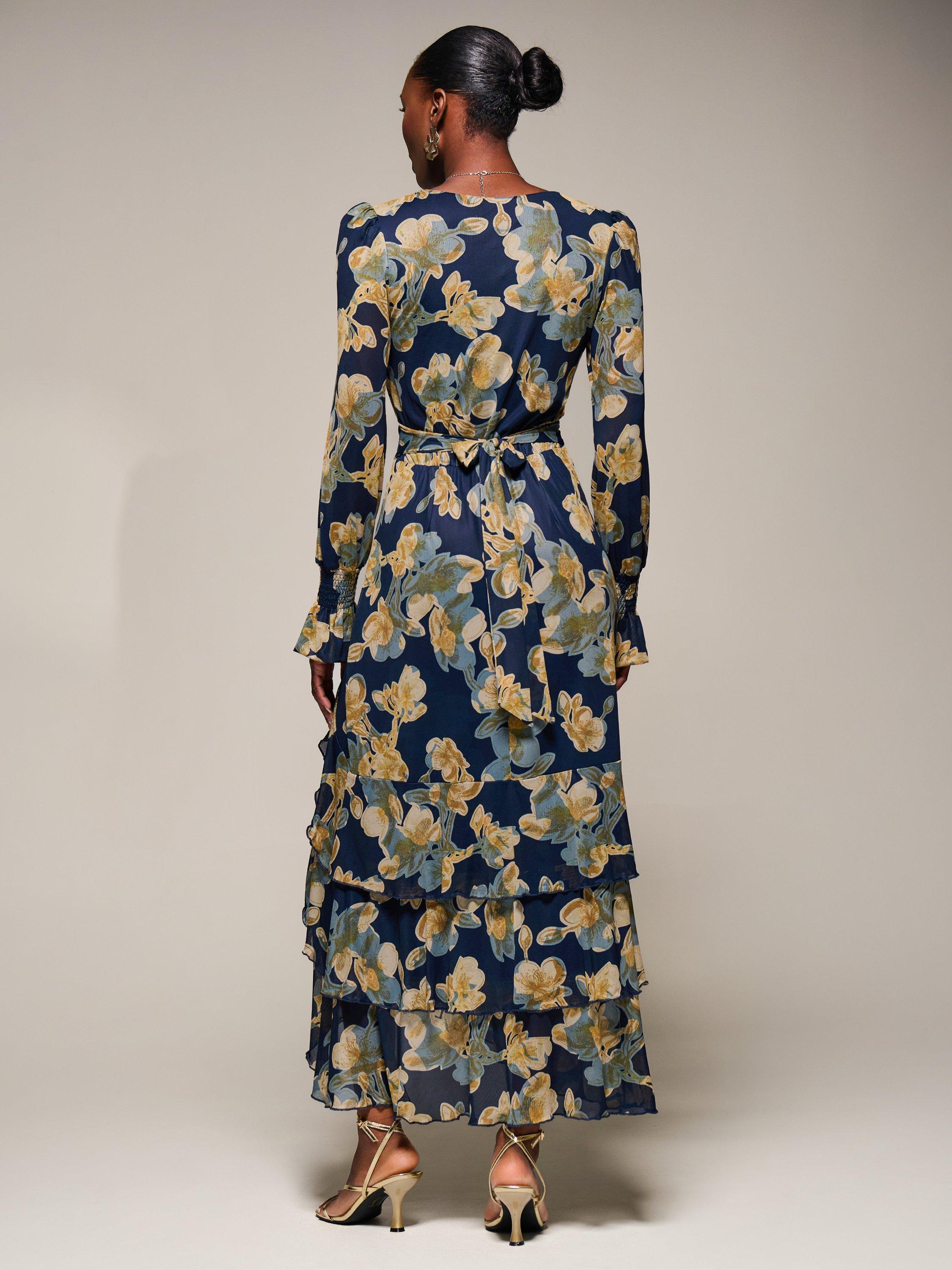 Jolie Moi Floral Long Sleeve Mesh Maxi Dress, Yellow Floral
