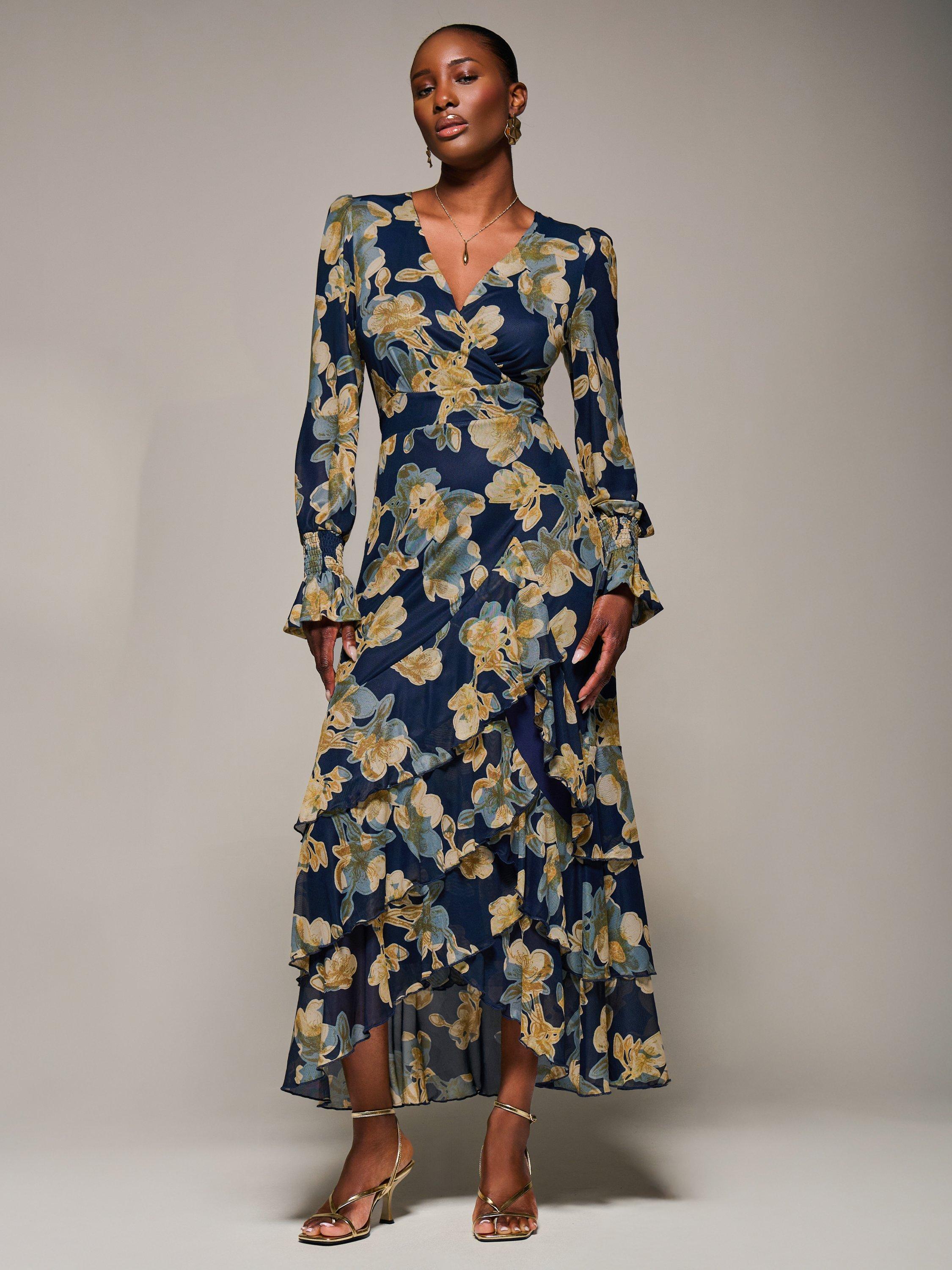 Jolie Moi Floral Long Sleeve Mesh Maxi Dress, Yellow Floral