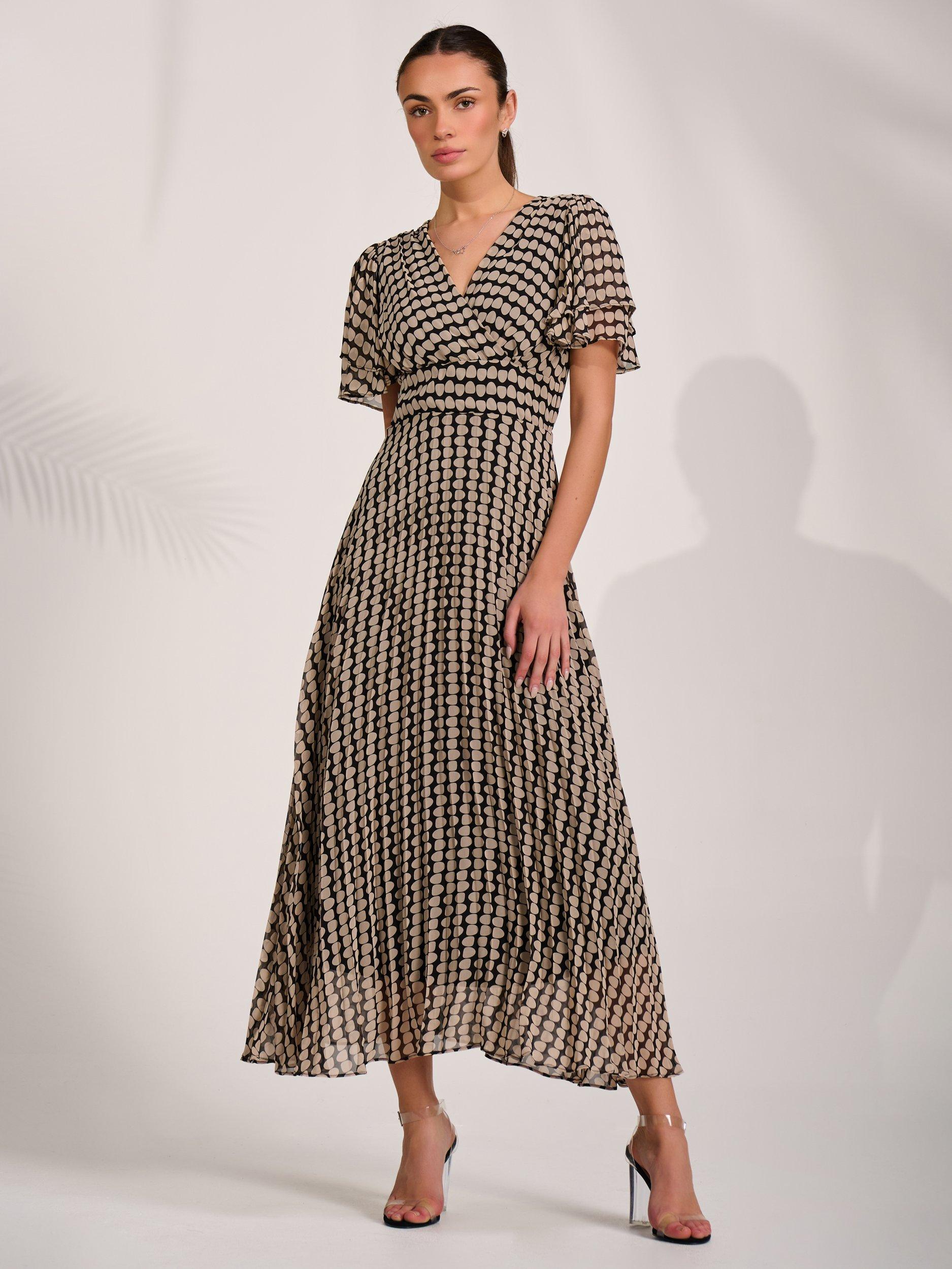 Jolie Moi Geometric Ruffle Chiffon Dress, Black Geo