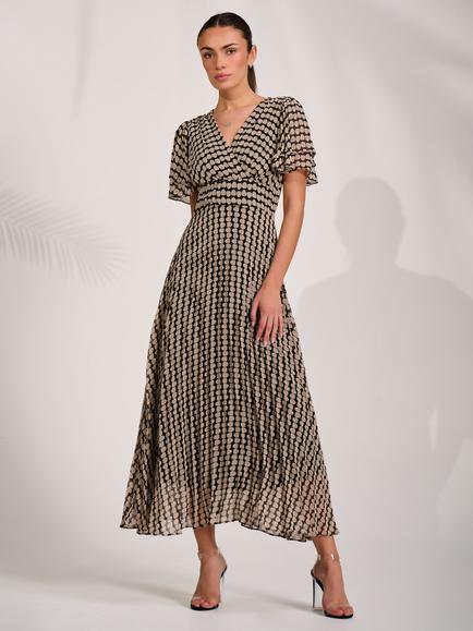 Jolie Moi Geometric Ruffle Chiffon Dress, Black Geo, Black Geo