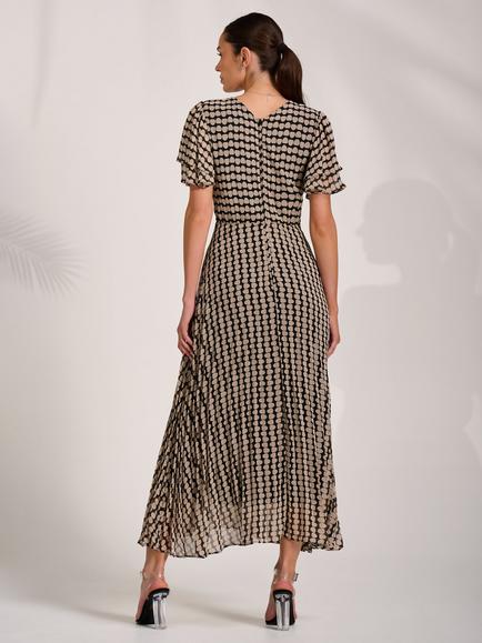 Jolie Moi Geometric Ruffle Chiffon Dress, Black Geo - view 2, Black Geo