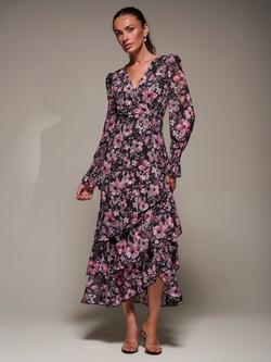 Jolie Moi Floral Long Sleeve Mesh Maxi Dress, Black Pink Floral, Black Pink Floral
