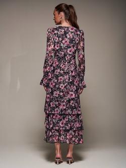 Jolie Moi Floral Long Sleeve Mesh Maxi Dress, Black Pink Floral - view 2, Black Pink Floral