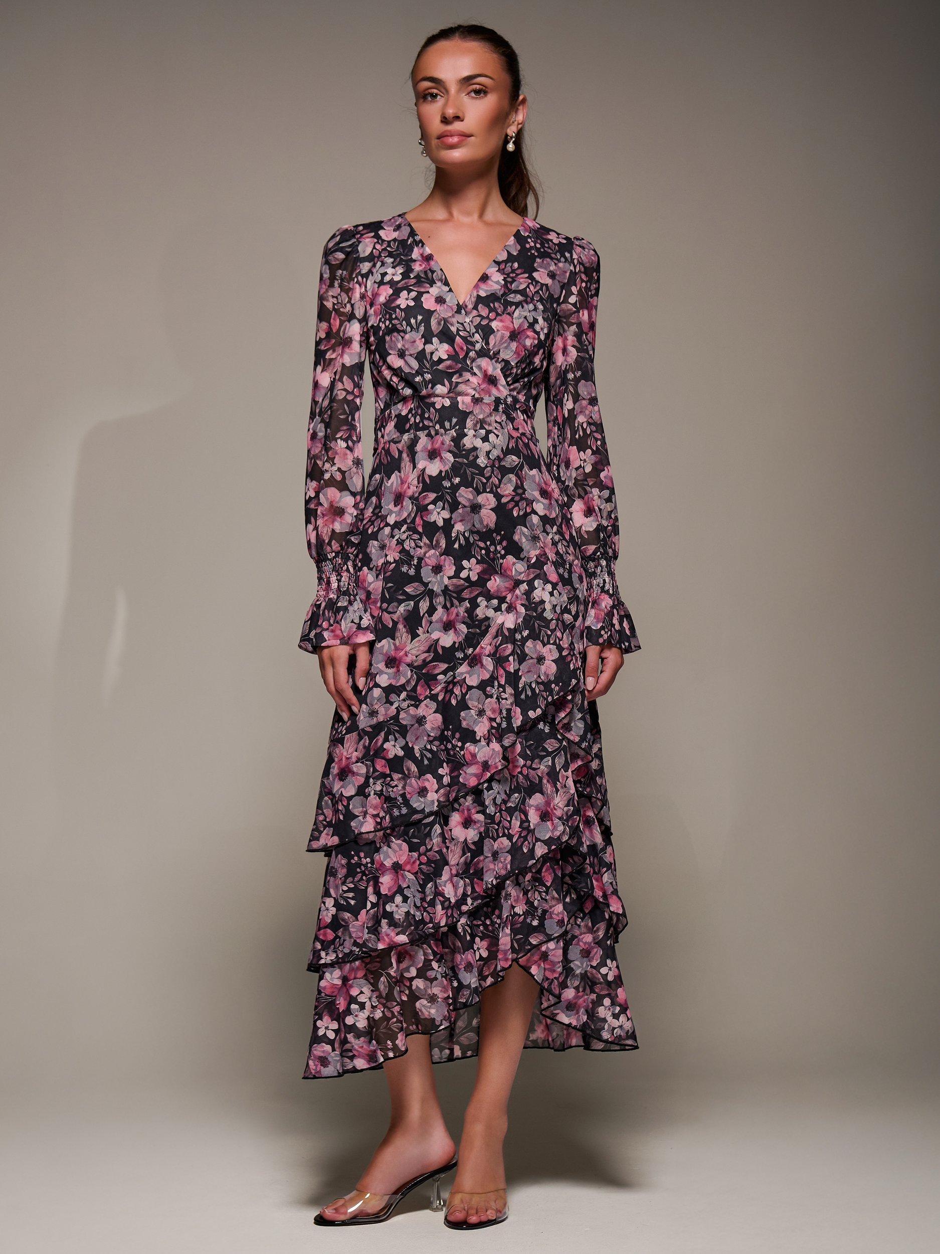 Jolie Round Neck Long Sleeves Floral Printed Folds Maxi Dress