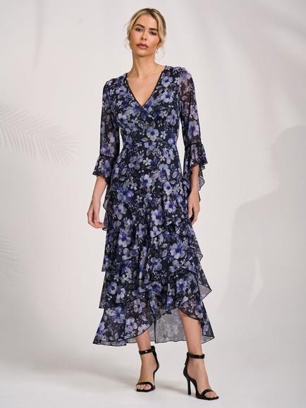 Jolie Moi Floral Ruffle Mesh Dress, Black Floral, Black Floral
