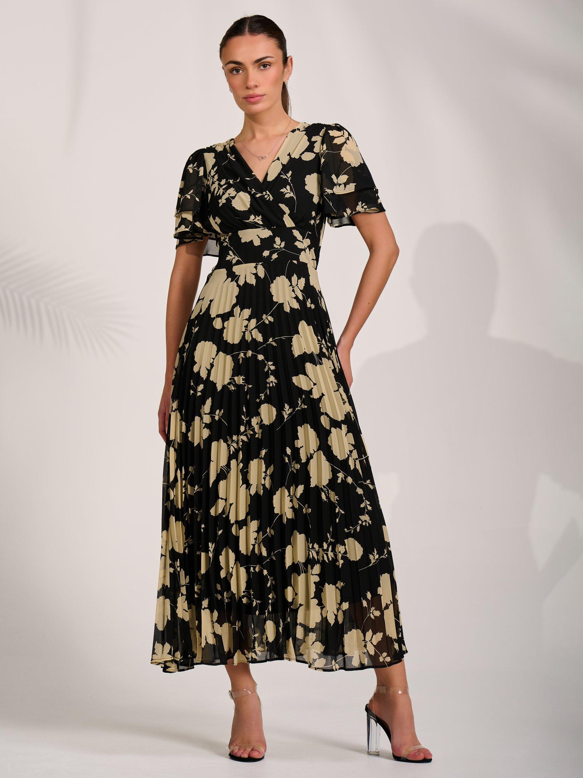 Jolie Moi Floral Ruffle Chiffon Dress, Black Floral