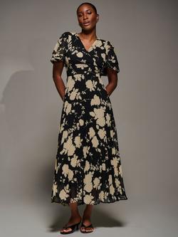 Jolie Moi Floral Ruffle Chiffon Dress, Black Floral, Black Floral