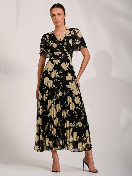 Jolie Moi Floral Ruffle Chiffon Dress, Black Floral, Black Floral