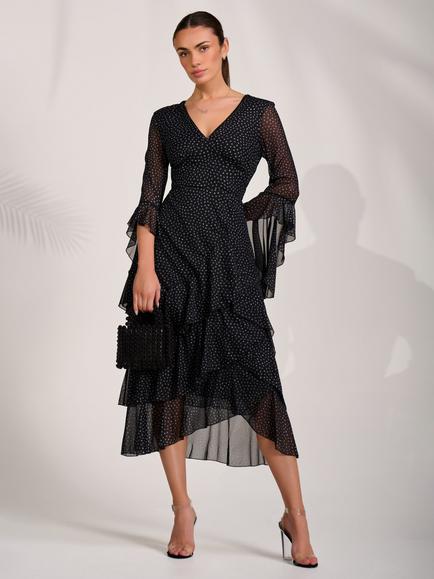 Jolie Moi Spot Ruffle Mesh Dress, Black Spot, Black Spot