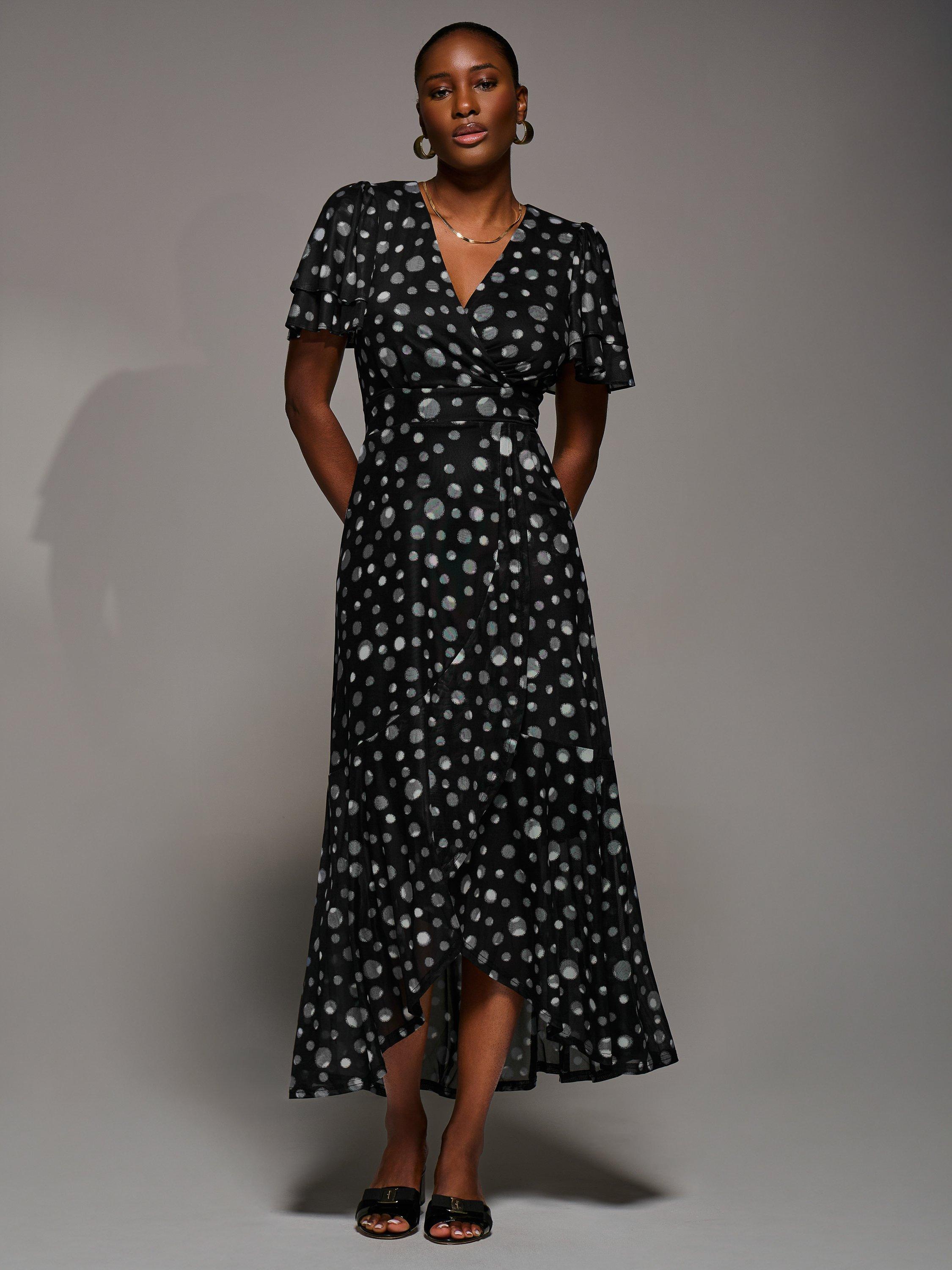Product image 1 of 6, which shows Jolie Moi Spot Wrap Mesh Dress, Black Spot, 8