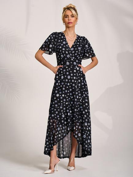 Jolie Moi Spot Wrap Mesh Dress, Black Spot, Black Spot