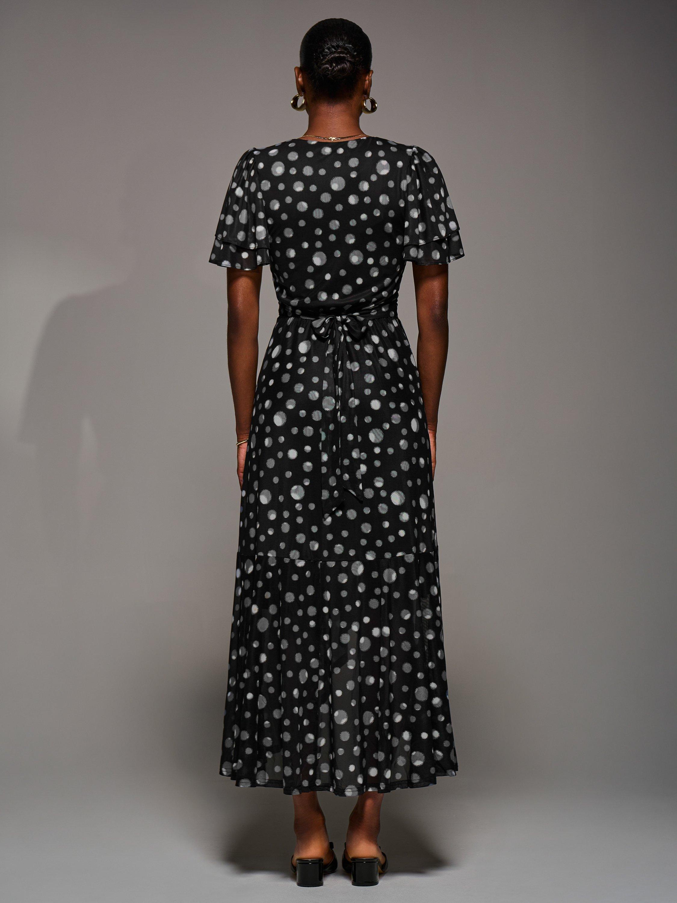 Product image 2 of 6, which shows Jolie Moi Spot Wrap Mesh Dress, Black Spot, 8