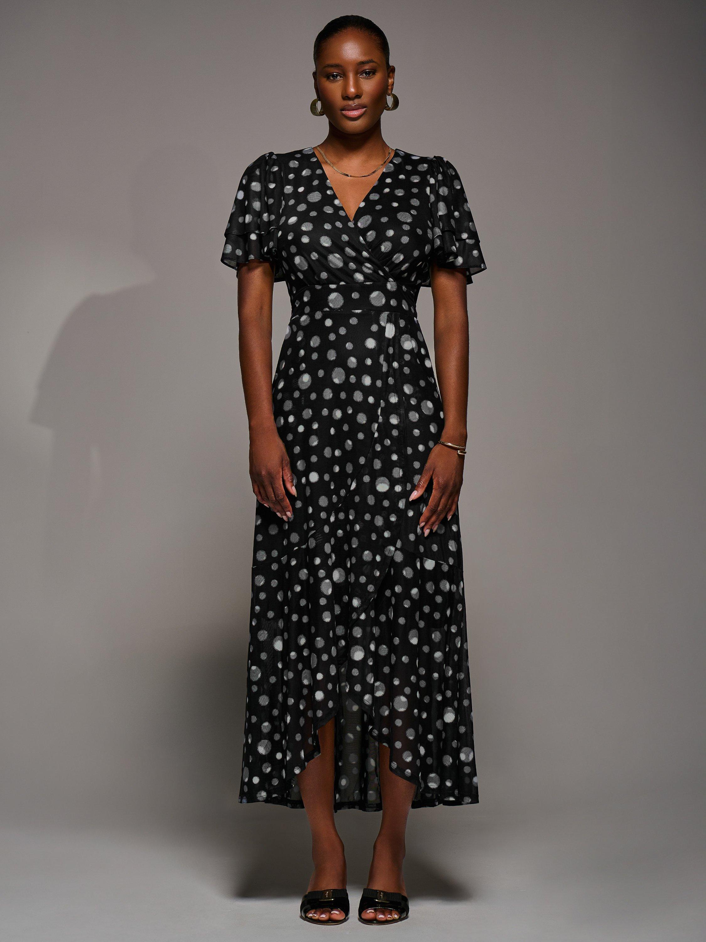 Product image 3 of 6, which shows Jolie Moi Spot Wrap Mesh Dress, Black Spot, 8