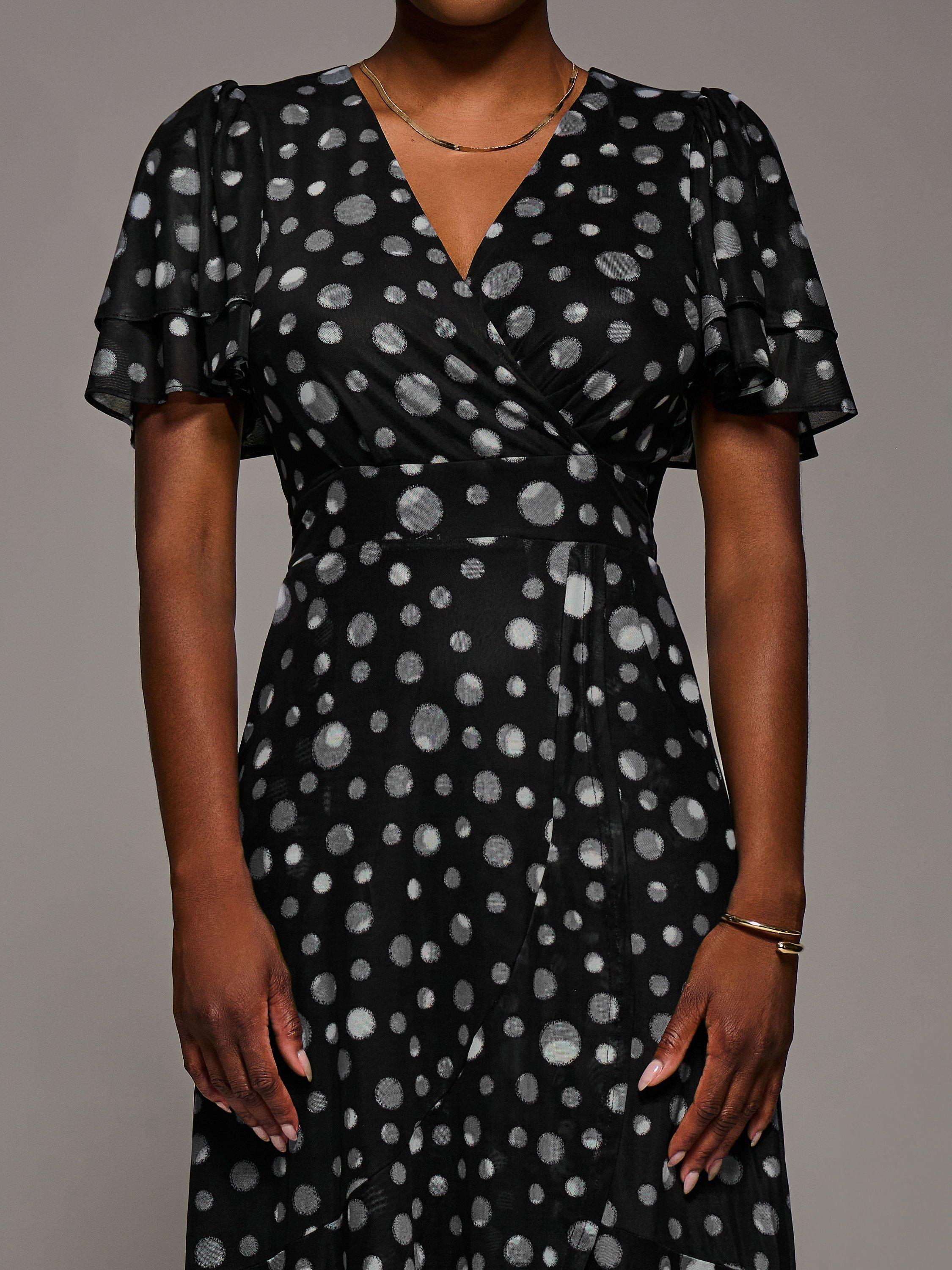 Product image 4 of 6, which shows Jolie Moi Spot Wrap Mesh Dress, Black Spot, 8