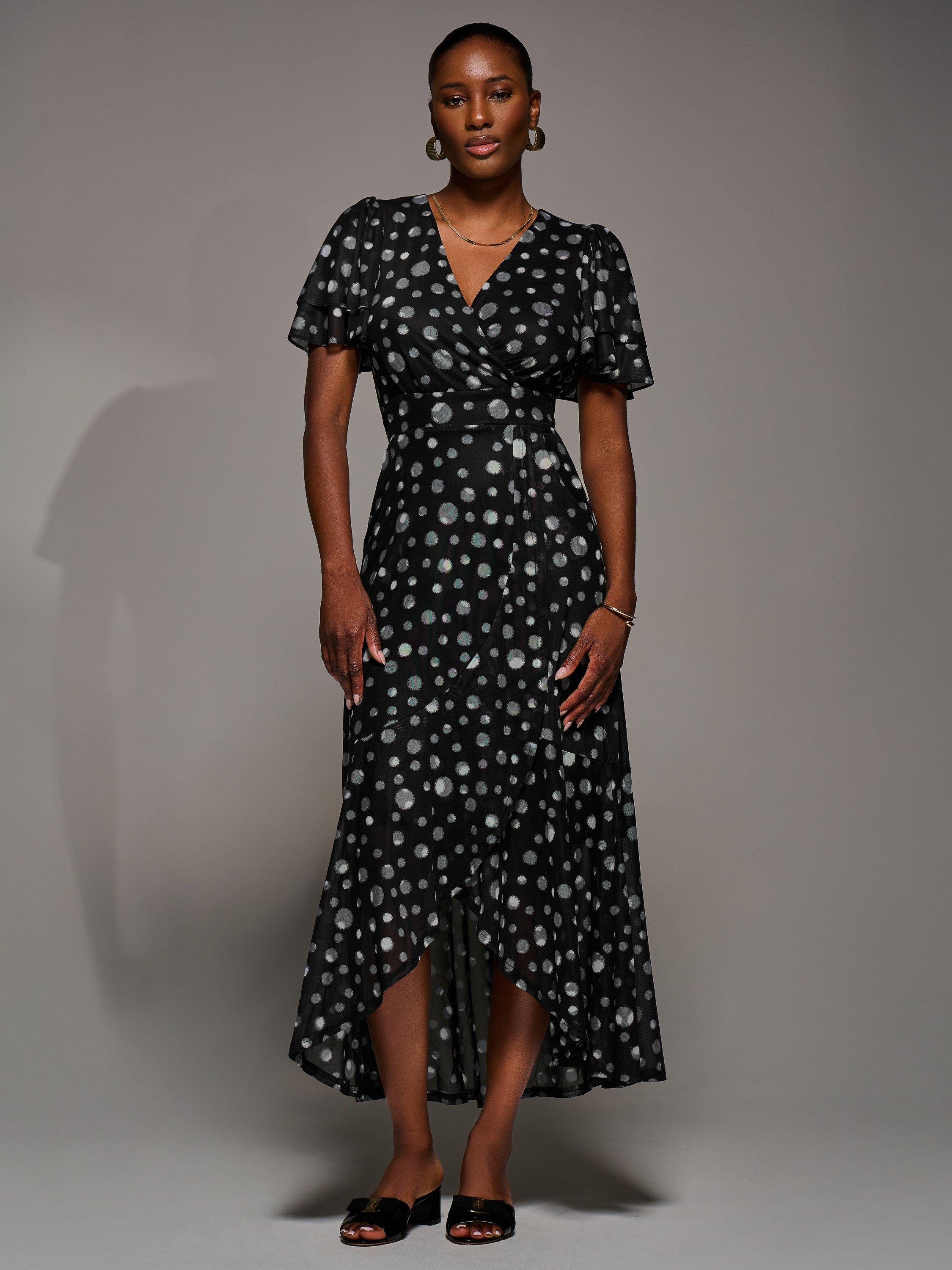 Product image 5 of 6, which shows Jolie Moi Spot Wrap Mesh Dress, Black Spot, 8