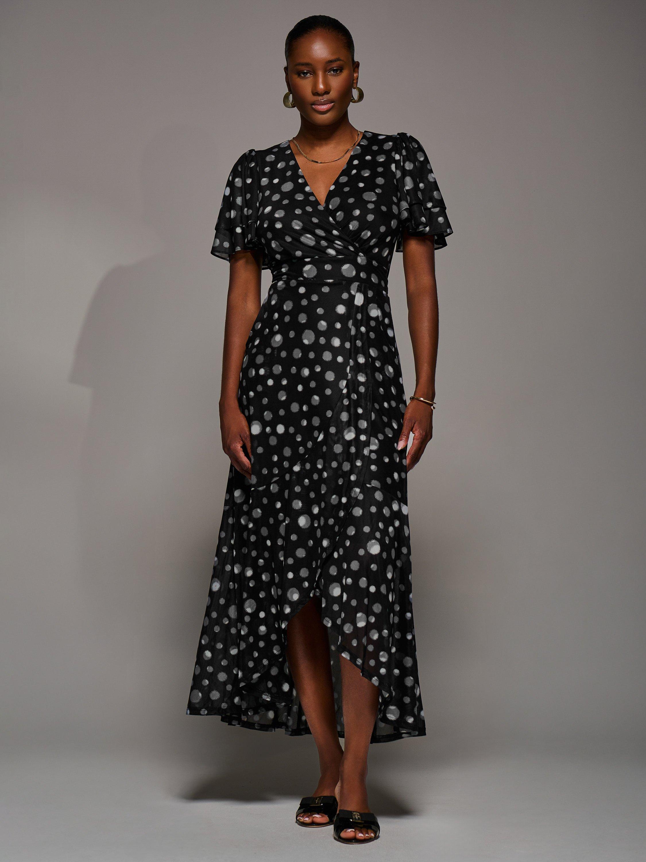Product image 6 of 6, which shows Jolie Moi Spot Wrap Mesh Dress, Black Spot, 8