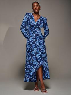 Jolie Moi Floral Mesh Ruffle Maxi Dress, Blue Floral, Blue Floral