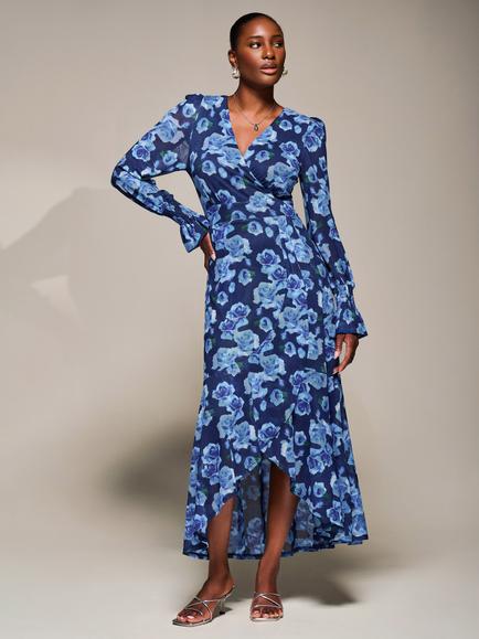 Jolie Moi Floral Mesh Ruffle Maxi Dress, Blue Floral, Blue Floral