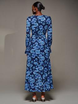 Jolie Moi Floral Mesh Ruffle Maxi Dress, Blue Floral - view 2, Blue Floral