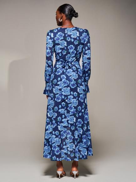 Jolie Moi Floral Mesh Ruffle Maxi Dress, Blue Floral - view 2, Blue Floral