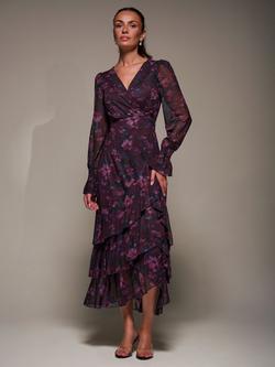 Jolie Moi Floral Long Sleeve Mesh Maxi Dress, Navy Floral, Navy Floral