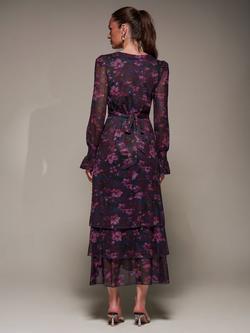 Jolie Moi Floral Long Sleeve Mesh Maxi Dress, Navy Floral - view 2, Navy Floral