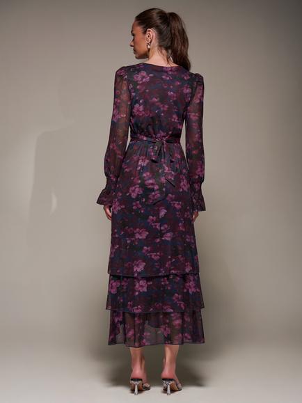 Jolie Moi Floral Long Sleeve Mesh Maxi Dress, Navy Floral - view 2, Navy Floral