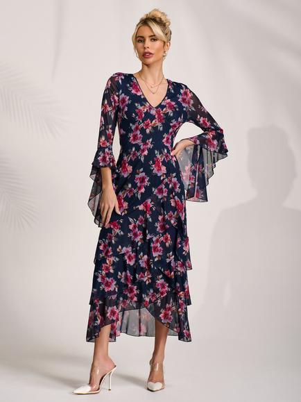 Jolie Moi Floral Ruffle Mesh Dress, Navy Floral, Navy Floral