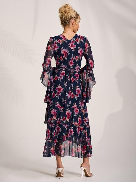 Jolie Moi Floral Ruffle Mesh Dress, Navy Floral - view 2, Navy Floral