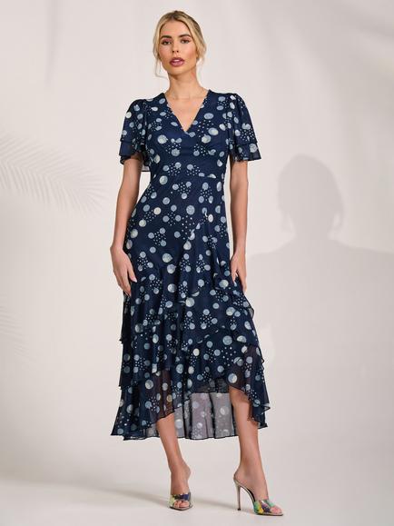 Jolie Moi Spot Mesh Angel Sleeve Dress, Navy Spot, Navy Spot