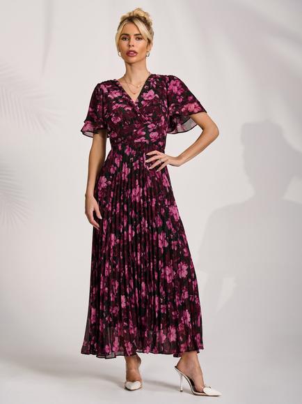 Jolie Moi Floral Ruffle Chiffon Dress, Purple Floral, Purple Floral
