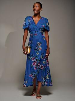 Jolie Moi Floral Wrap Mesh Maxi Dress, Royal Floral, Royal Floral