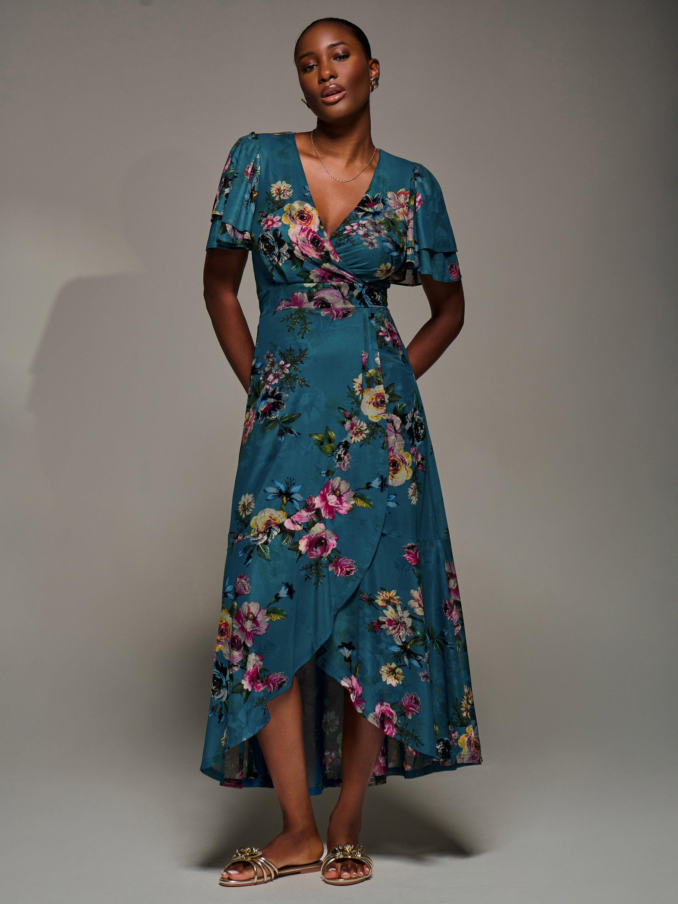 Jolie Moi Floral Wrap Mesh Maxi Dress, Teal Floral