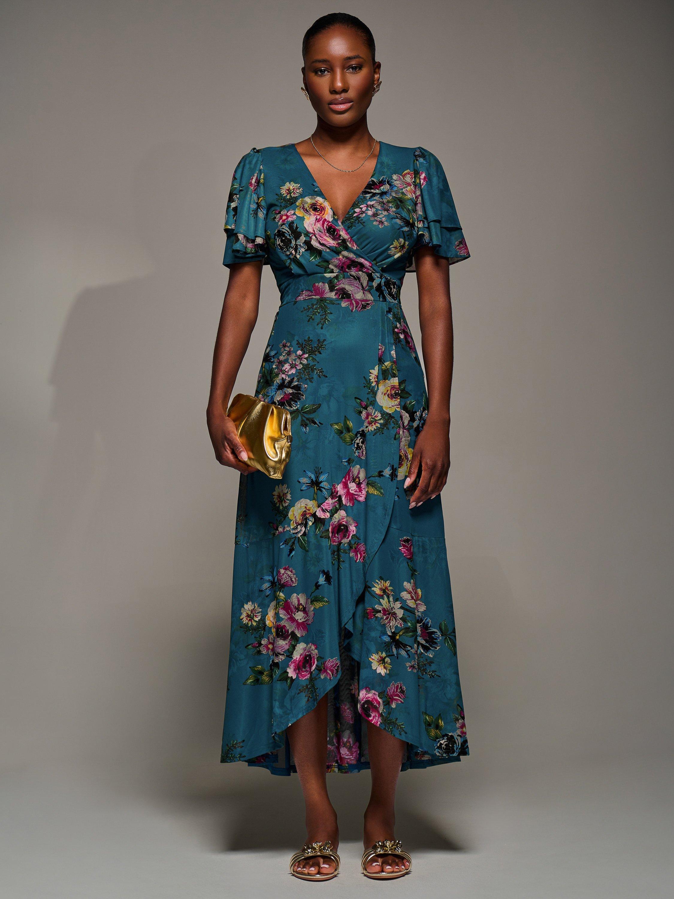 Jolie Moi Floral Wrap Mesh Maxi Dress, Teal Floral
