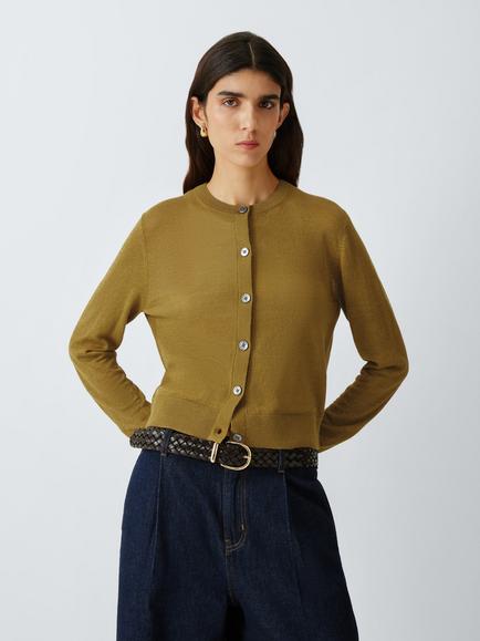 John Lewis Round Neck Linen Cardigan, Olive