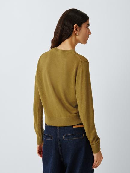John Lewis Round Neck Linen Cardigan - view 2, Olive