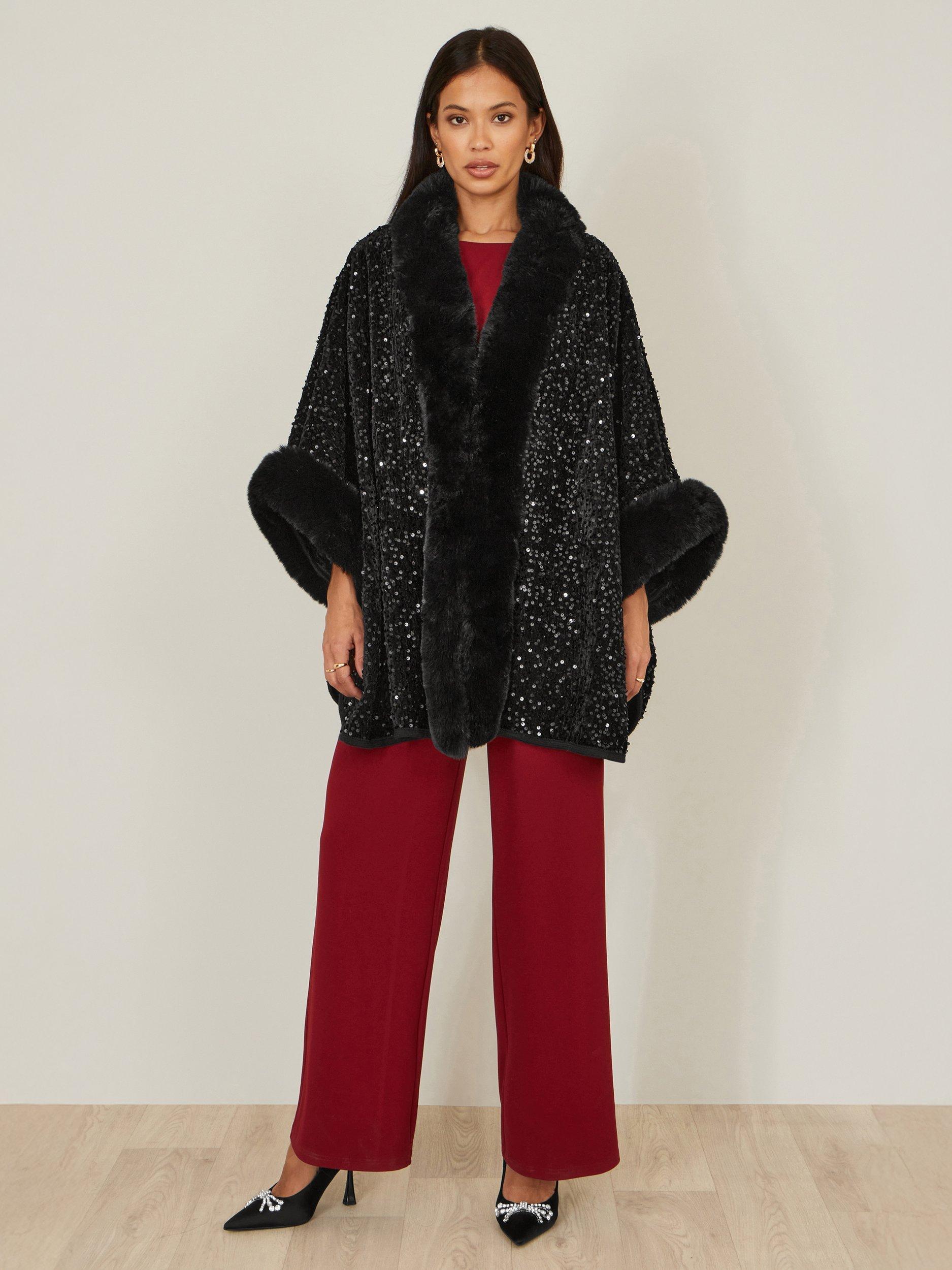 Product image 2 of 4, which shows Yumi Faux Fur Sequin Cape, Black, S-M